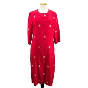 Indian Kurta Kurti Top Tunic Dress Women Red Embroidered Straight Long Sleeve M?